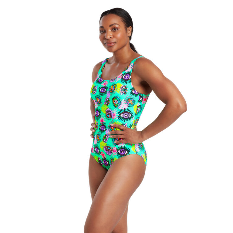 Zoggs Look Inside Green Women's Ecofeel Scoopback Swimsuit